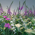 Vibrant Garden Flowers Purple Foxglove White Lily of the Valley Tall Stems Green Leaves Sunlit