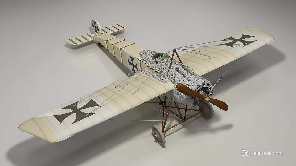 Vintage Fighter Plane Model with Biplane Design Wooden Structure and Cross Insignia 3d model 