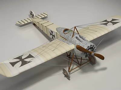 Vintage Fighter Plane Model with Biplane Design Wooden Structure and Cross Insignia 3d model