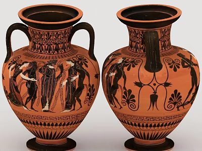 Ornamental Terracotta Vase Set Home Decor With Red Black Classical Figural Patterns 3d model