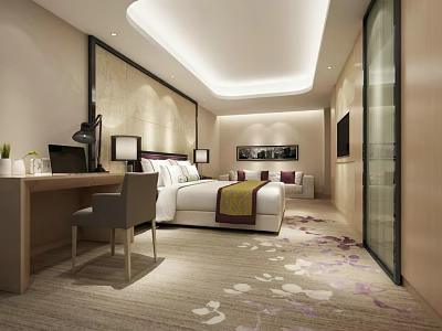 Modern Hotel Room Interior With Bed Desk Chair Sofa And Floral Carpet 3d model