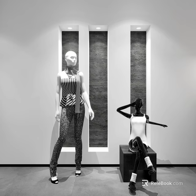 Two Standing Sitting Mannequins In Striped Vest Patterned Pants White Top Against Vertical Striped Wall 3d model 