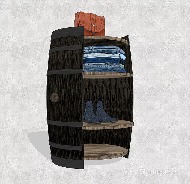 Rustic Barrel Shaped Display Shelf With Folded Clothes And Boots Storage 3d model 
