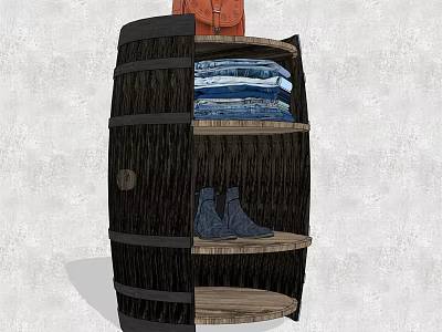 Rustic Barrel Shaped Display Shelf With Folded Clothes And Boots Storage 3d model