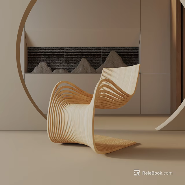 Modern Wooden Leisure Chair With Curved Design In Minimalist Interior Setting 3d model 