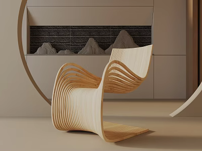 Modern Wooden Leisure Chair With Curved Design In Minimalist Interior Setting 3d model