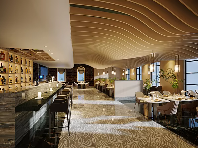 Elegant Restaurant Interior With Marble Bar Counter Dining Tables Hanging Lights And Wavy Ceiling 3d model
