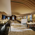 Elegant Restaurant Interior With Marble Bar Counter Dining Tables Hanging Lights And Wavy Ceiling