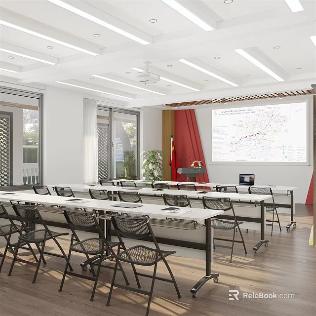 Modern Conference Room With Tables Chairs Projection Screen Red Flag Windows And Green Plants 3d model 