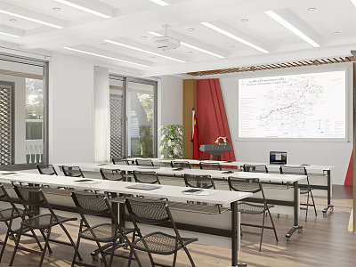 Modern Conference Room With Tables Chairs Projection Screen Red Flag Windows And Green Plants 3d model