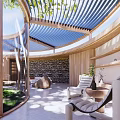 Modern Natural Villa Balcony Design With Wooden Slats Glass Panels Outdoor Furniture And Surrounding Trees