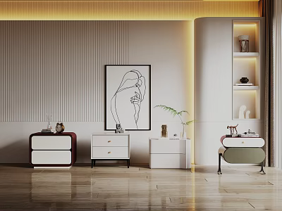 Modern Bedside Tables In Various Styles With Striped Wall Artwork And Plant Decor 3d model