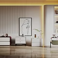 Modern Bedside Tables In Various Styles With Striped Wall Artwork And Plant Decor