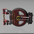 Industrial Equipment With Red Circular Component Metal Frame Yellow Gauge Pipes And Brackets Textured Surface