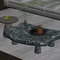 Unique Shape Marble Coffee Table with Tray Teacups Vase Green Plant and Gray Sofa