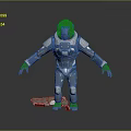 Ape in Blue and Silver Spacesuit Standing with Green Object on Gray Background