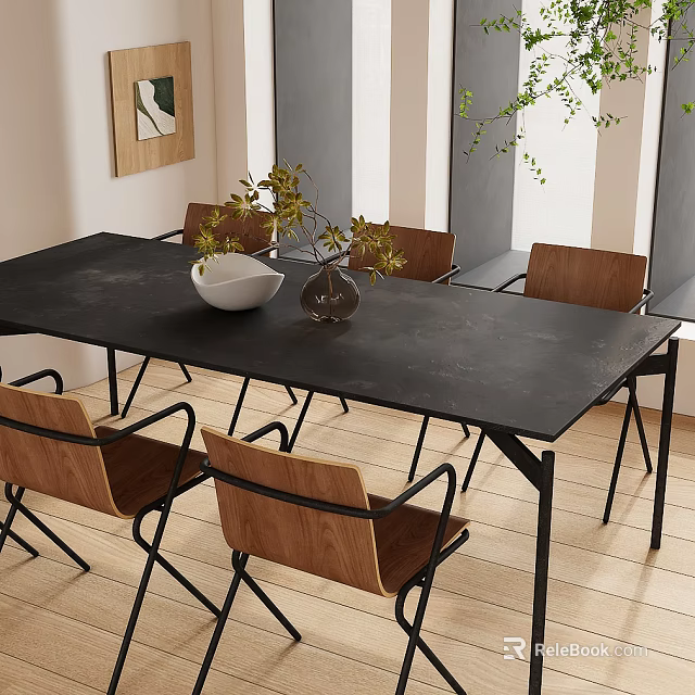 Modern Dining Table Set With Black Tabletop Wooden Chairs And Decorative Plant Vase 3d model 