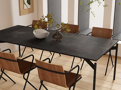 Modern Dining Table Set With Black Tabletop Wooden Chairs And Decorative Plant Vase 3d model
