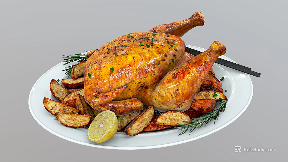 Roasted Chicken Served on White Plate with Potato Wedges Rosemary and Lemon Slice 3d model 