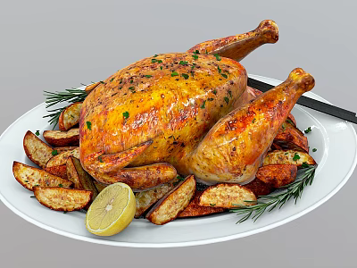 Roasted Chicken Served on White Plate with Potato Wedges Rosemary and Lemon Slice 3d model