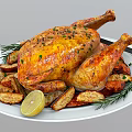 Roasted Chicken Served on White Plate with Potato Wedges Rosemary and Lemon Slice