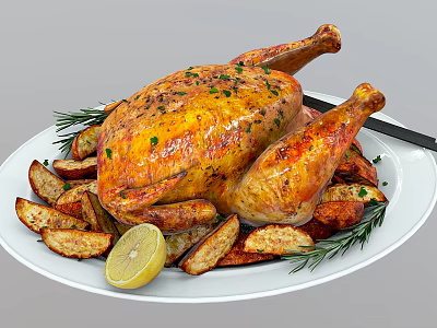 Roasted Chicken Served on White Plate with Potato Wedges Rosemary and Lemon Slice 3d model