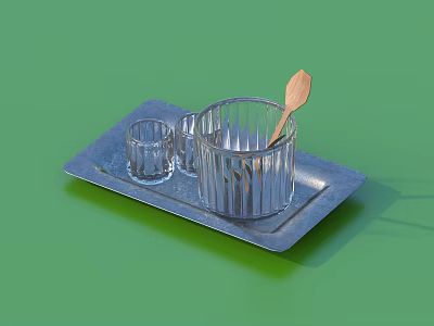Transparent Wine Bottle and Glasses on Blue Tray with Wooden Spoon in Green Background 3d model