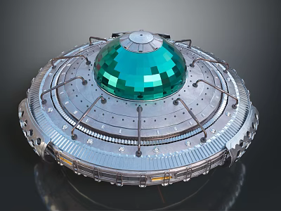 Futuristic UFO Design With Metallic Circular Base And Green Dome Structure 3d model