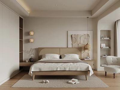Modern Minimalist Bedroom Interior With Wooden Bed Nightstand Pendant Lamp And Rug 3d model