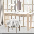 Modern Dressing Table With Round Mirror Table Lamps And Checkered Stool In Wooden Grid Room