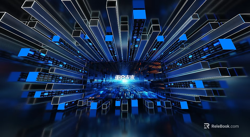 Abstract Digital Space With Blue Black Tones Glowing Cubes Lines And Futuristic Tech Atmosphere 3d model 