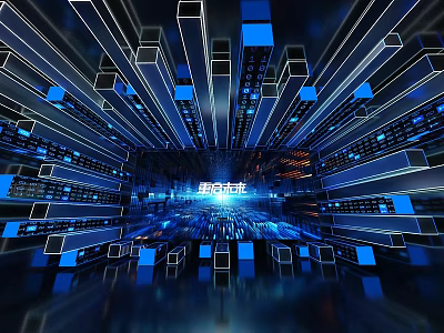 Abstract Digital Space With Blue Black Tones Glowing Cubes Lines And Futuristic Tech Atmosphere 3d model