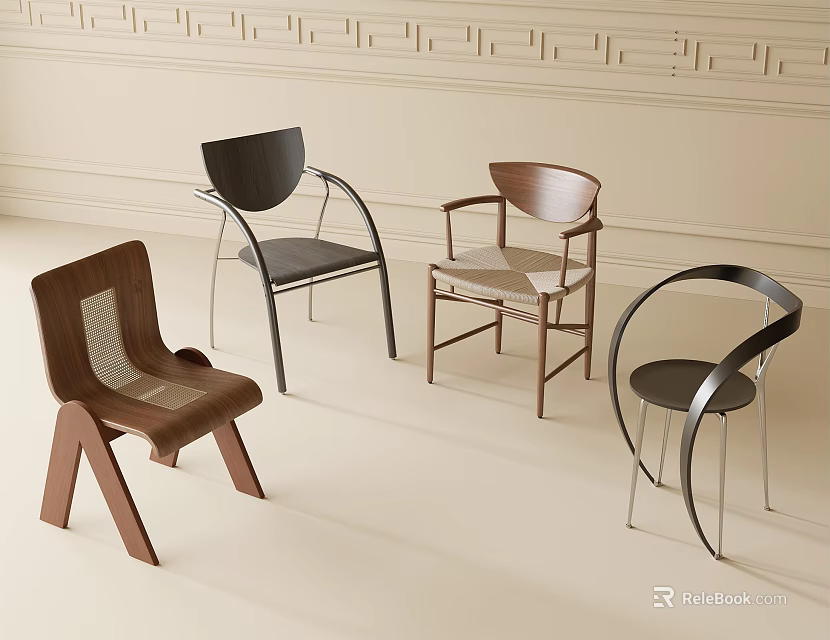 Modern Dining Chairs Various Designs Wooden And Metal Frames Light Colored Wall Decorative Lines 3d model 