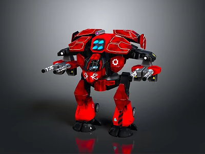 Red Mechanical Battle Robot With Sci Fi Armor And Weapon Equipped Limbs 3d model