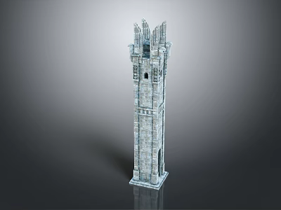 Tall Medieval Stone Tower With Pointed Top And Decorative Upper Structure 3d model