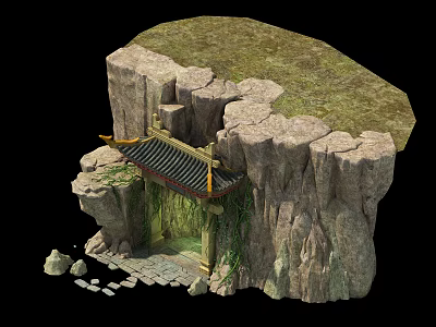 Traditional Chinese Entrance Gate In Cliff With Vines And Stone Path 3d model