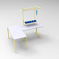 Functional Desk with White Tabletop Gold Frame and Overhead Blue Storage Shelf