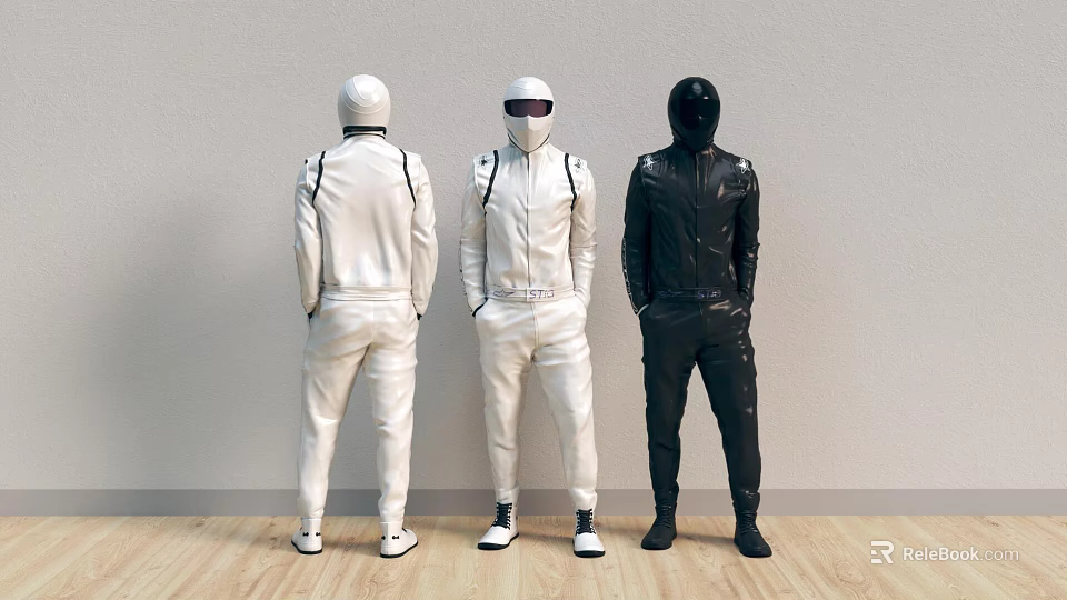 Three Men Wearing White And Black Jumpsuits Standing Against Light Wall With Wooden Floor 3d model 