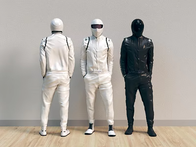 Three Men Wearing White And Black Jumpsuits Standing Against Light Wall With Wooden Floor 3d model