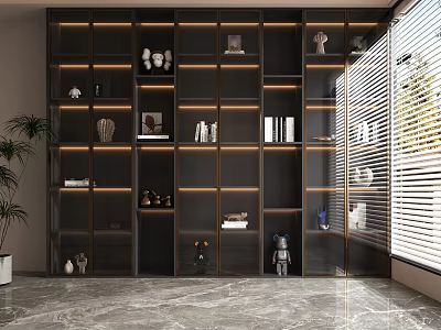 Modern Bookcase Interior Design With Layered Shelves Lighting And Decorative Items 3d model