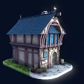 Charming Cartoon Timber Framed Cottage With Blue Windows Chimney Barrels Greenery And Stone Path