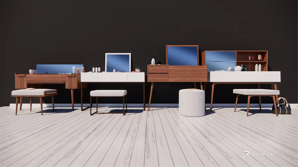 Modern Dressing Tables With Mirrors Drawers And Stools In Interior Setup 3d model