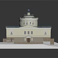 Detached Villa With Blue Roof Dome Structure Light-Colored Walls Windows And Green Lawn