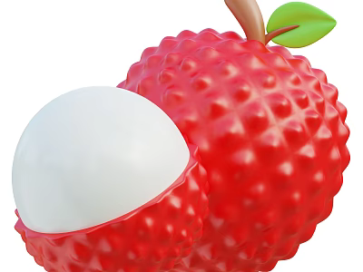 Fresh Red Lychee Fruit Showing White Flesh Whole and Peeled with Green Leaf 3d model