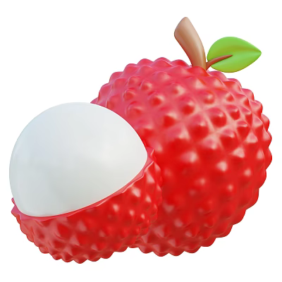 Fresh Red Lychee Fruit Showing White Flesh Whole and Peeled with Green Leaf 3d model