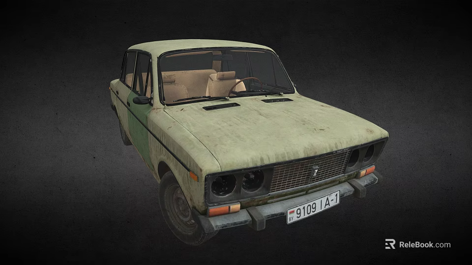 Vintage Light Green Sedan Car With Weathered Exterior And Classic Front Design 3d model 