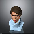 3D Character Head Model With Brown Hair And Blue Scarf On Gray Background