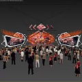 Vibrant Concert Stage with Crowd Dynamic Red White Lighting and Geometric Decorations