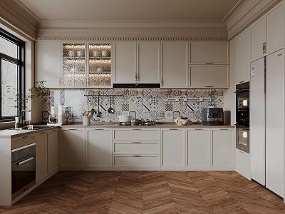 Elegant Modern Kitchen Interior With White Cabinets Tile Backsplash Wooden Floor And Appliances 3d model