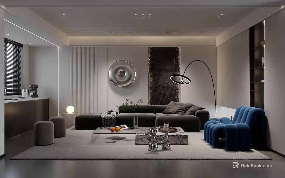 Modern Living Room Interior With Dark Gray Sofa Blue Armchairs Floor Lamp And Circular Decor 3d model 